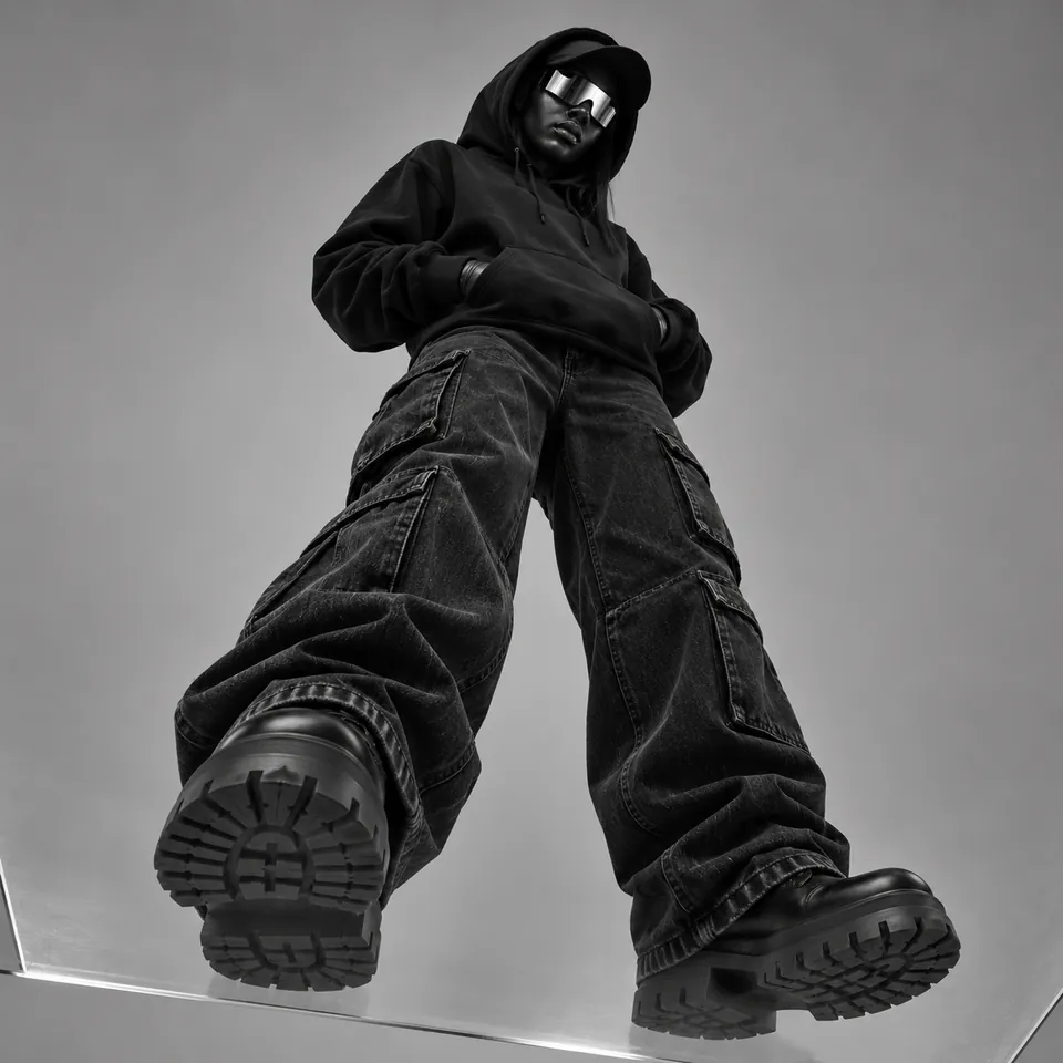 Model in a hoodie and wide cargo denim, photographed from below through a glass floor.