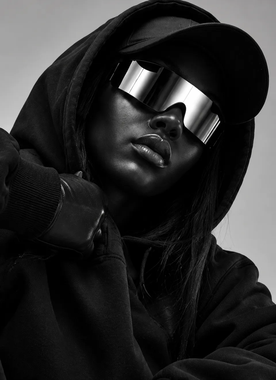 Black-and-white close portrait of a model in a hood, cap and silver mirrored visor.