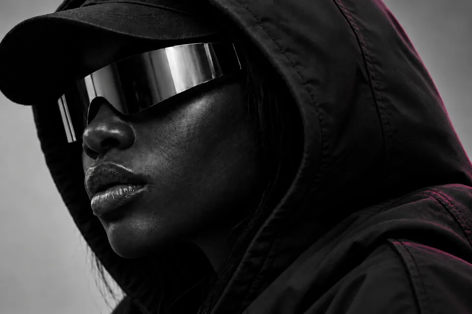Close-up of a model in a black hood and silver mirrored visor.