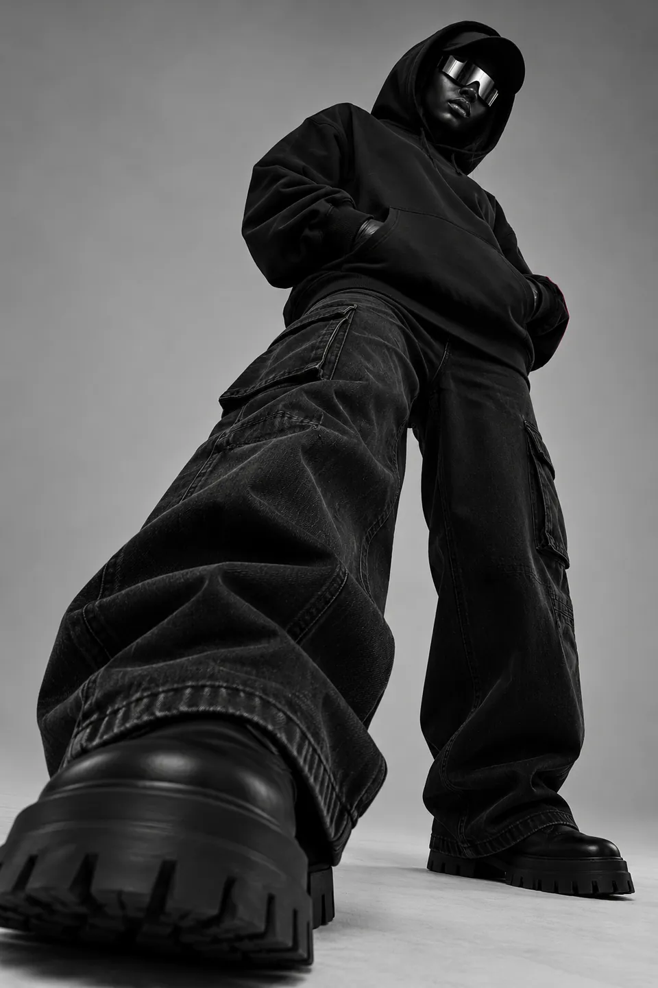 Model in an oversized hoodie photographed from below.