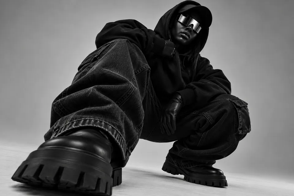 Model crouching in black streetwear.