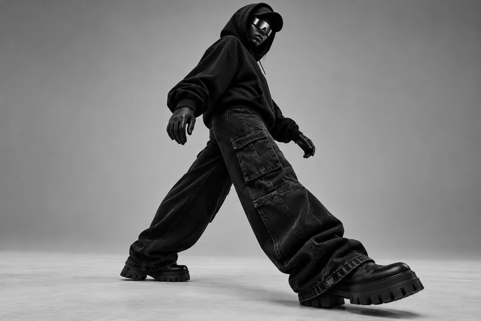 Model taking a wide step in cargo trousers.