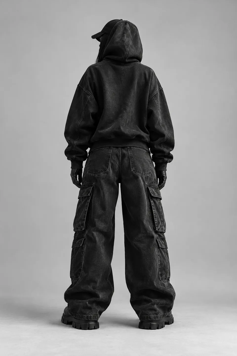 Model seen from behind in an oversized washed hoodie, cap and wide cargo denim.